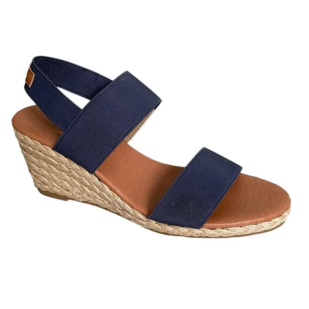 TOMMY BAHAMA Elastic Wedge Espadrilles Sandals Blue Tan 9